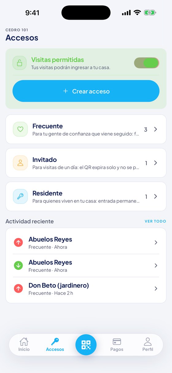 Accesos del residente en la app: frecuentes, invitados y residentes, con la actividad reciente de la casa