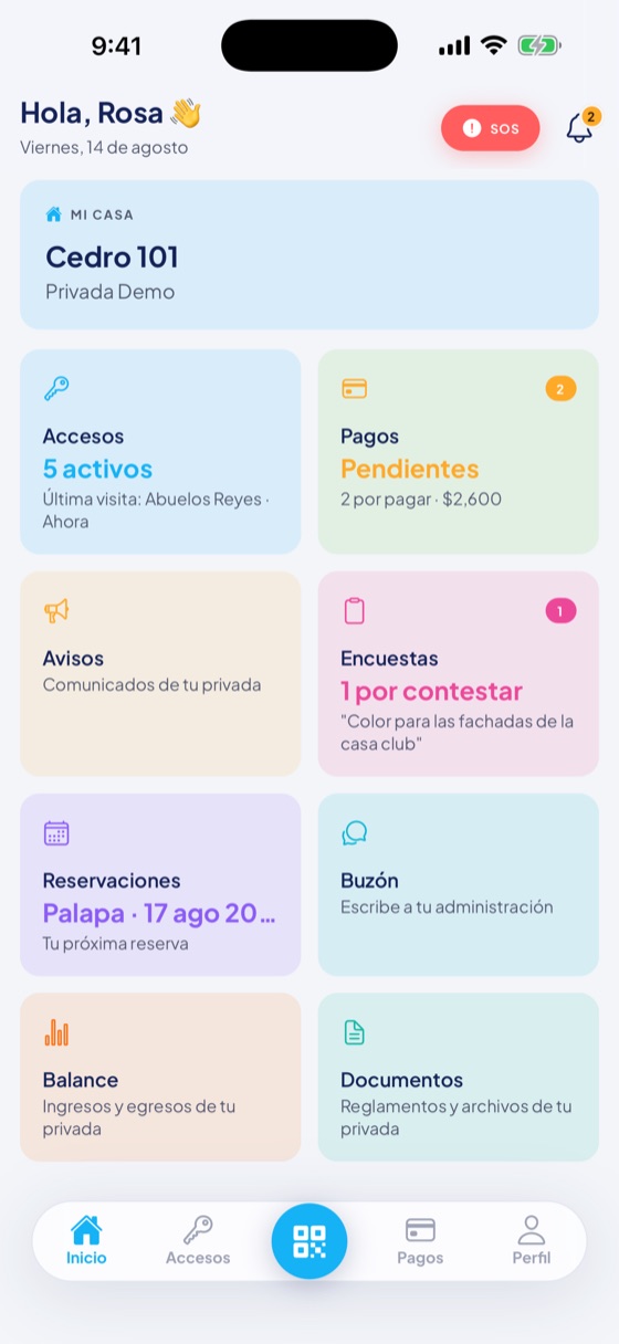 Pantalla de inicio de la app de residentes: accesos, pagos, avisos, encuestas y reservaciones