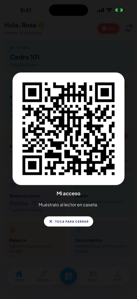 El QR de acceso del residente listo para mostrarse en la caseta